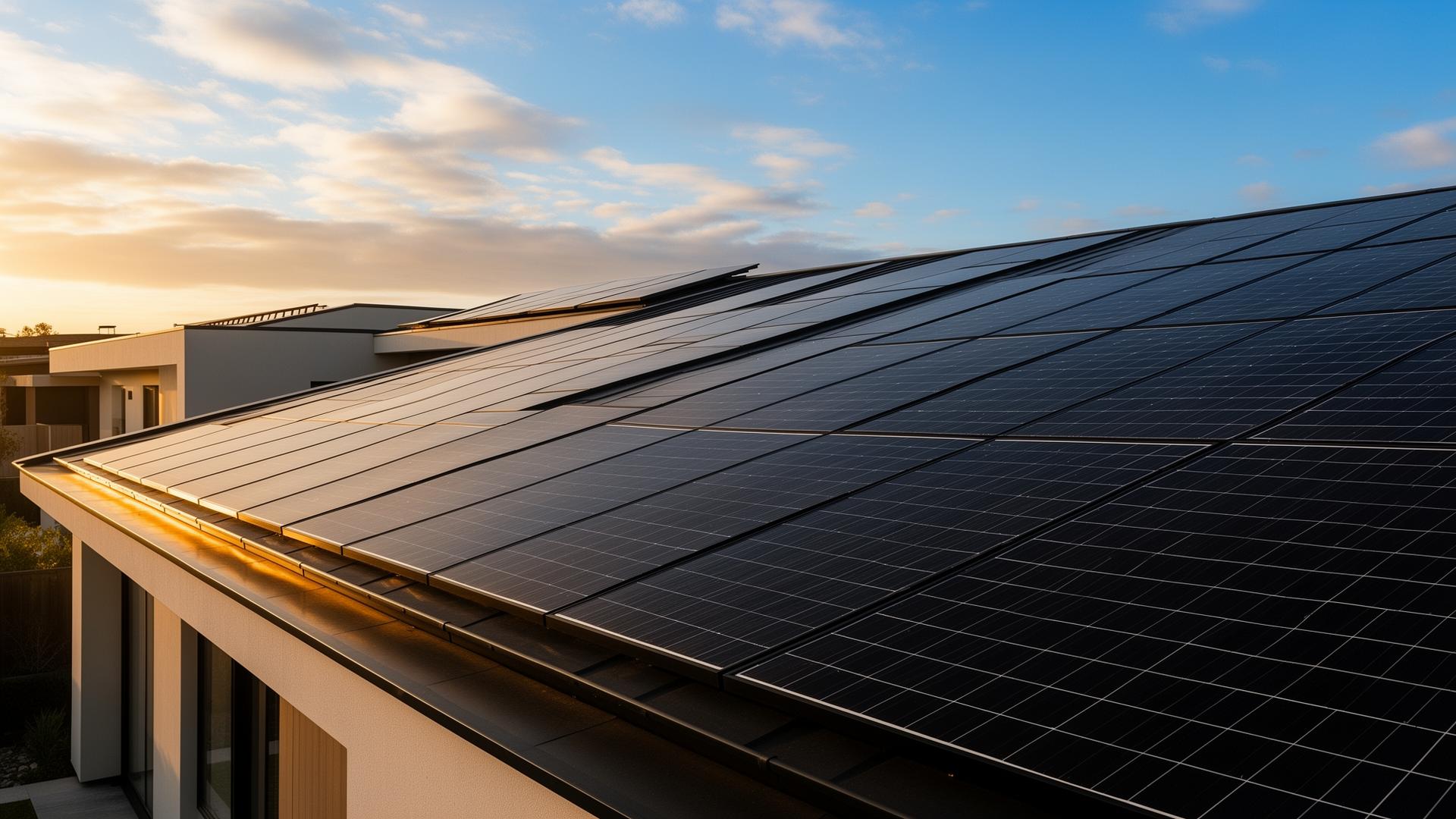 Painéis solares sobre telhado moderno ao amanhecer com vista para mata verde